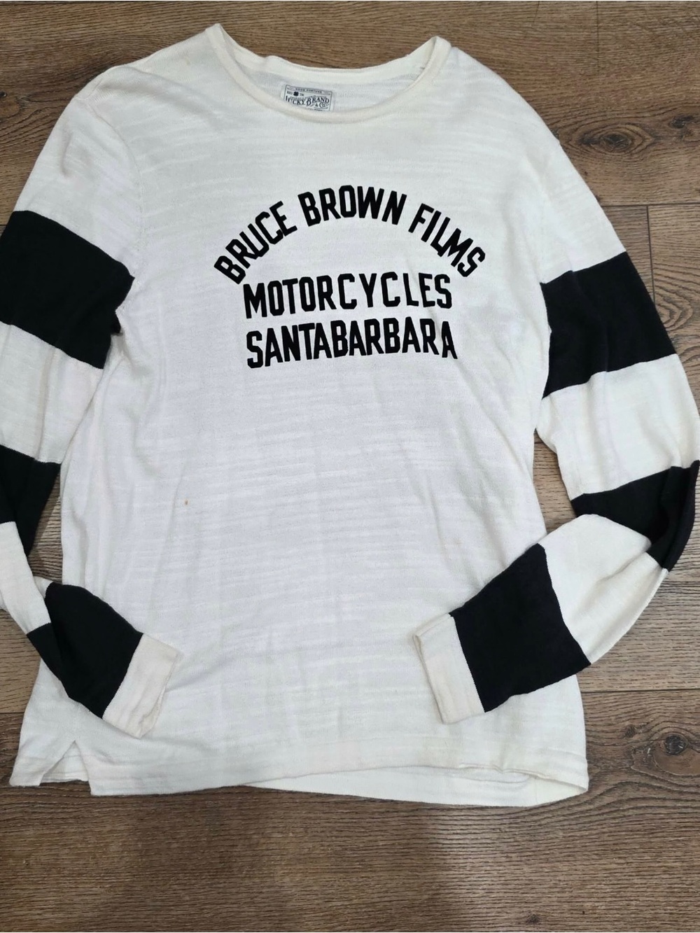 Lucky Brand White Long Sleeve Tee with Black Stripes & Graphic